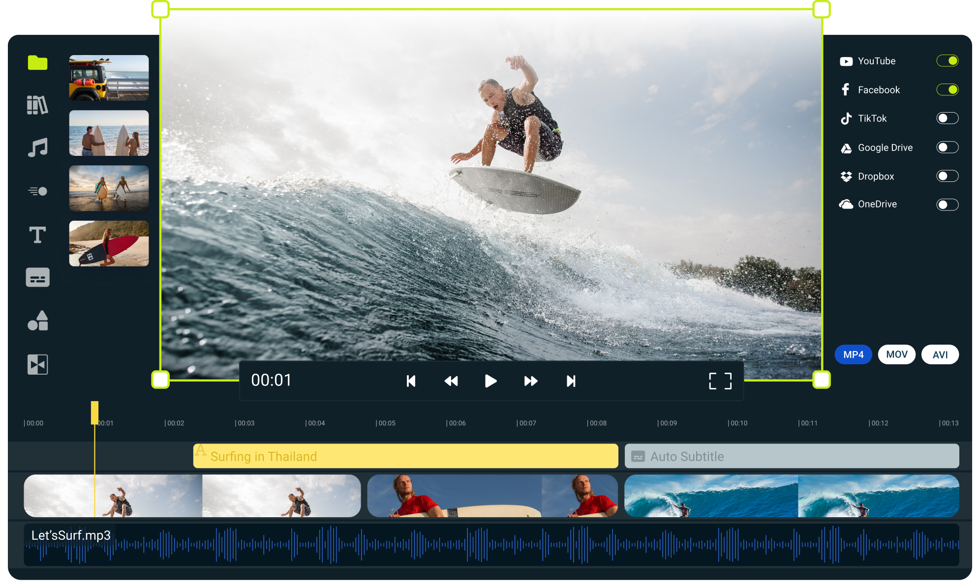 Video editor showing a person surfing